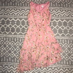 Pink Floral Dress with Asymmetrical, Ruffle Hem